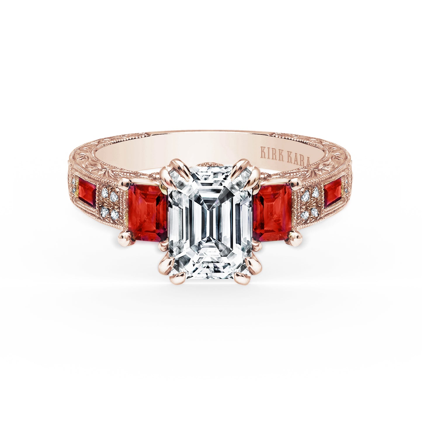 Deco Three Stone Engraved Ruby Baguette Diamond Engagement Ring