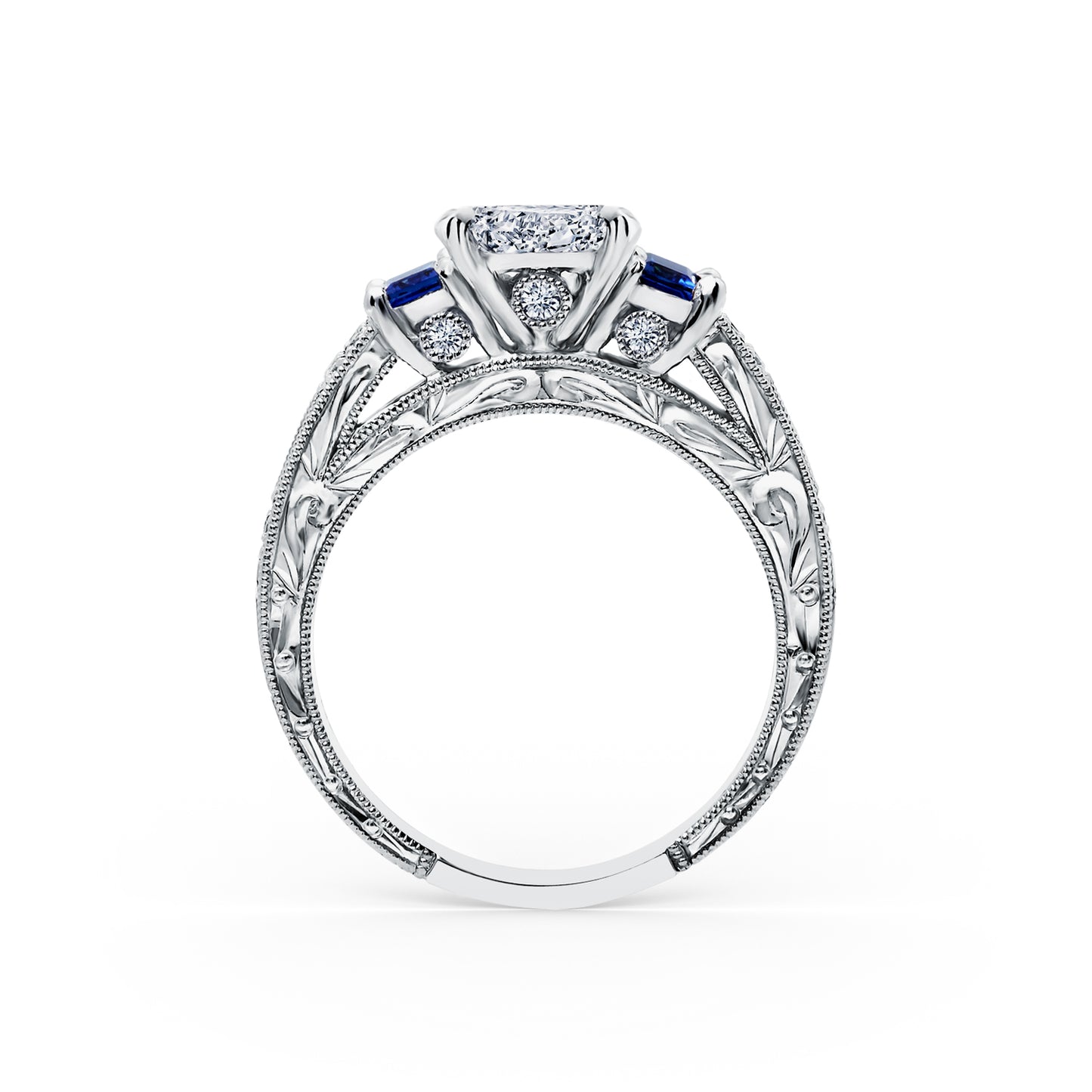 Deco Three Stone Engraved Blue Sapphire Baguette Diamond Engagement Ring