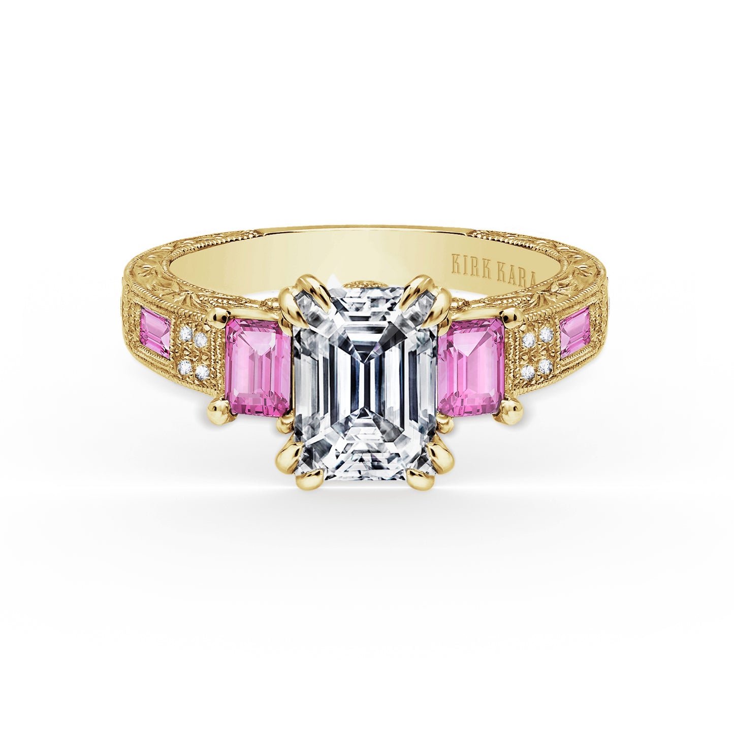 Deco Three Stone Engraved Pink Sapphire Baguette Diamond Engagement Ring