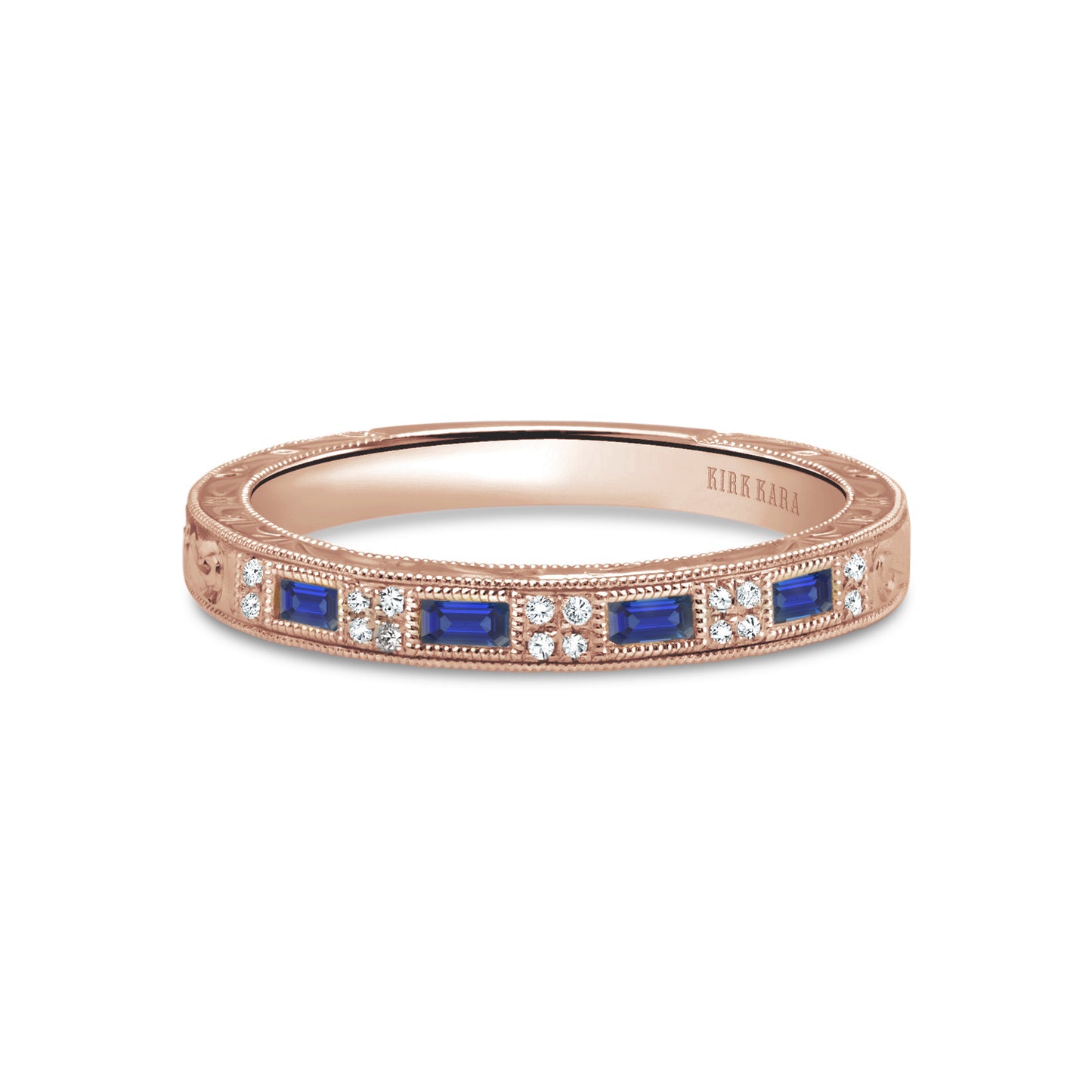 Baguette Blue Sapphire Diamond Scroll Engraved Wedding Band