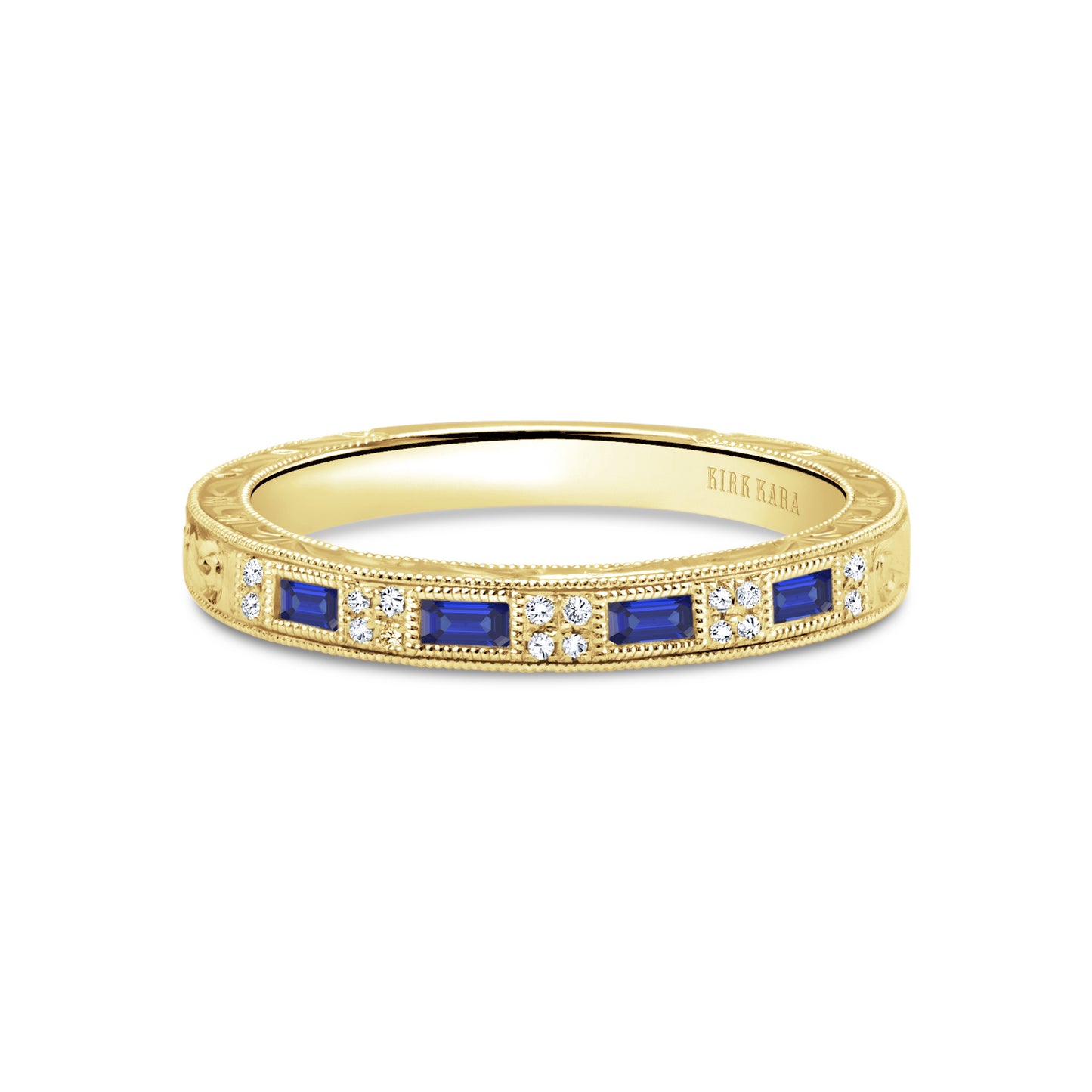 Baguette Blue Sapphire Diamond Scroll Engraved Wedding Band