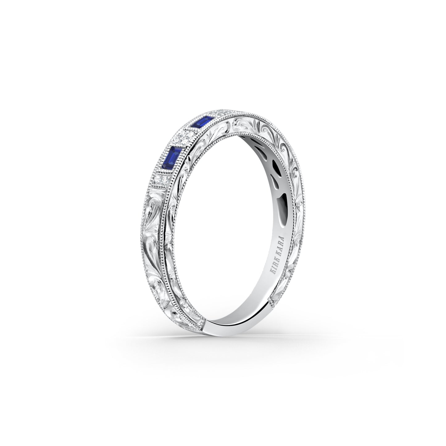 Baguette Blue Sapphire Diamond Scroll Engraved Wedding Band