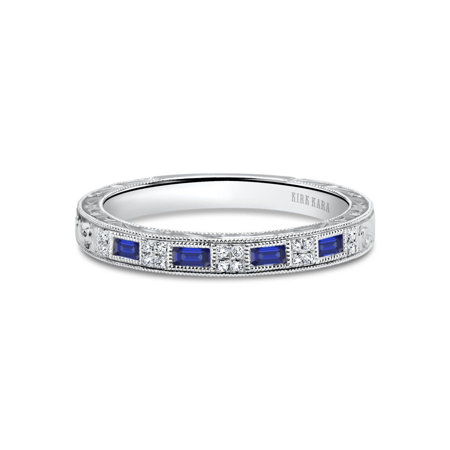 Baguette Blue Sapphire Diamond Scroll Engraved Wedding Band