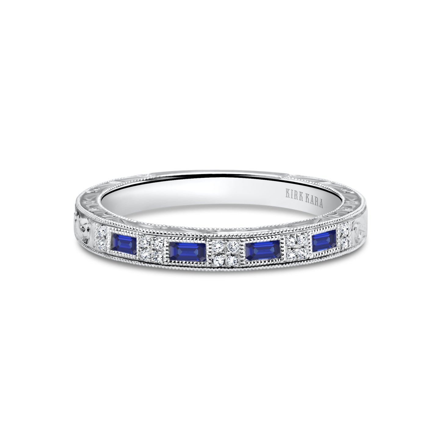 Baguette Blue Sapphire Diamond Scroll Engraved Wedding Band