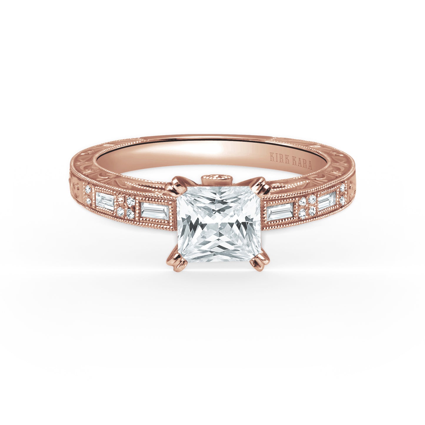 Deco Engraved Baguette Diamond Engagement Ring