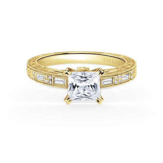 Deco Engraved Baguette Diamond Engagement Ring