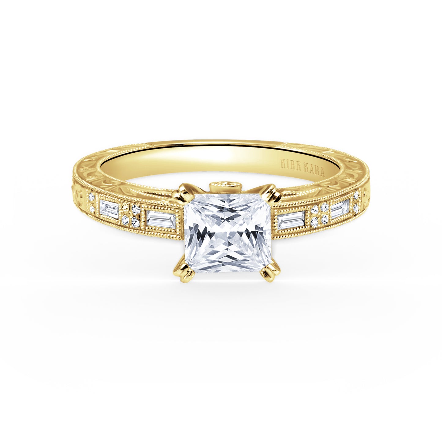 Deco Engraved Baguette Diamond Engagement Ring