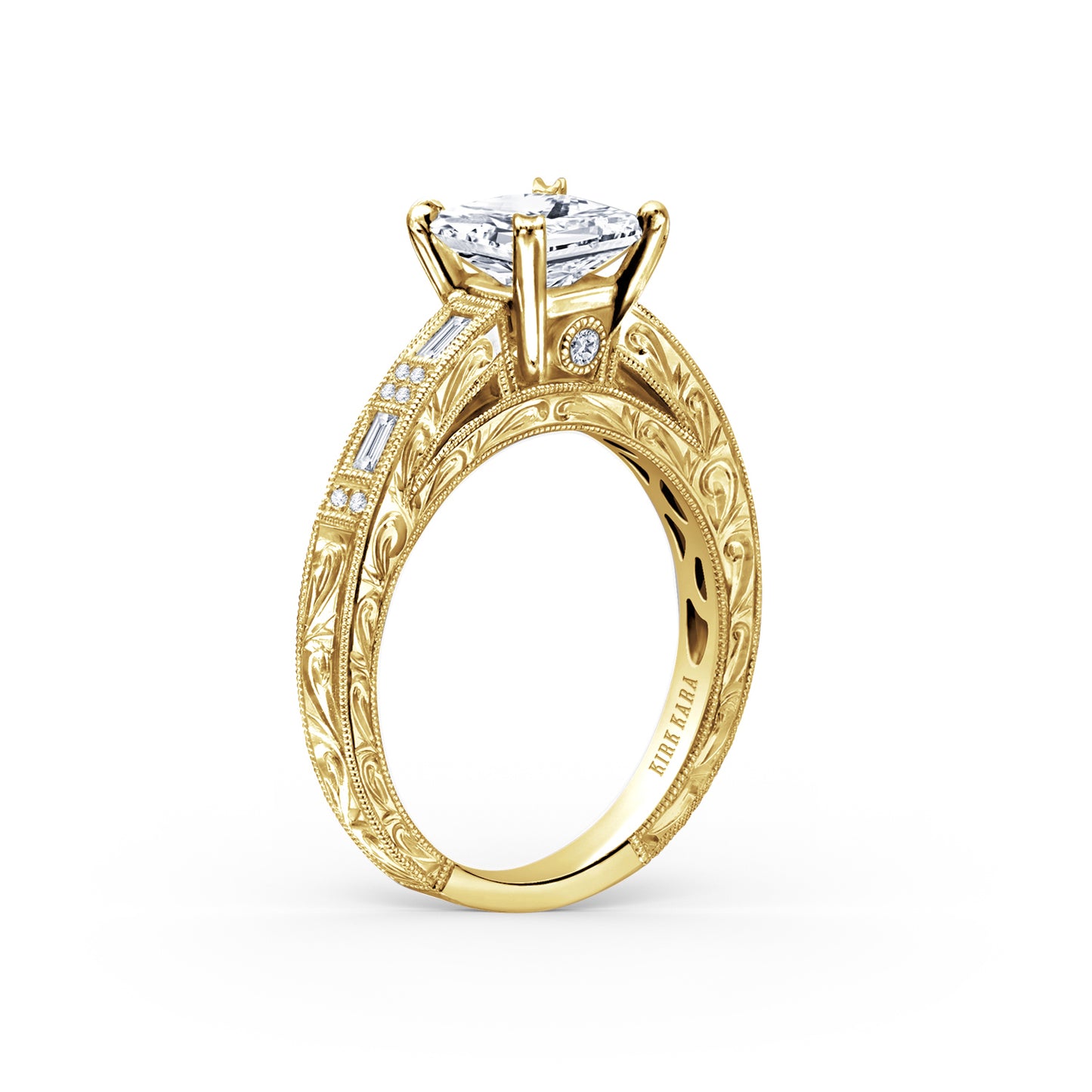 Deco Engraved Baguette Diamond Engagement Ring