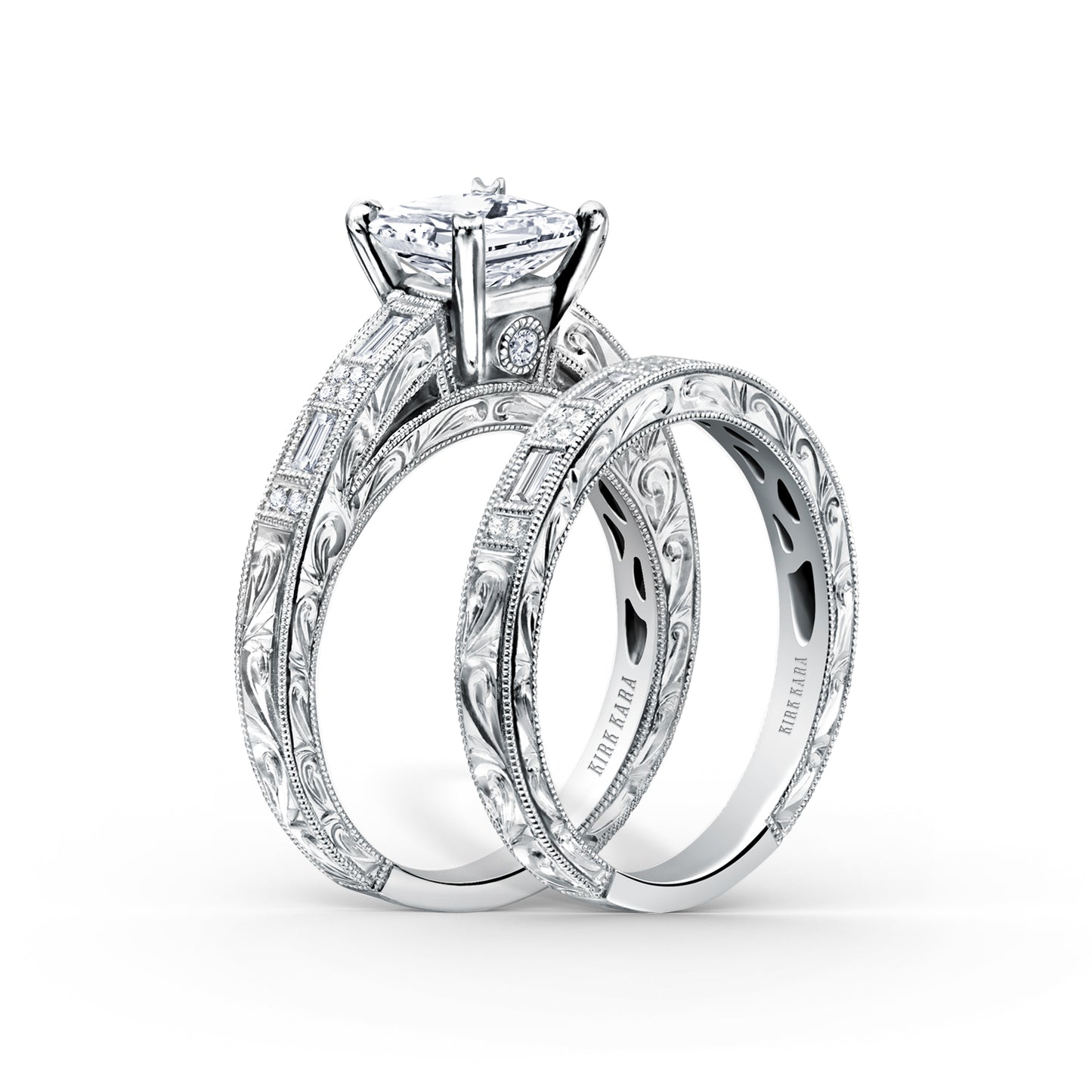 Deco Engraved Baguette Diamond Engagement Ring