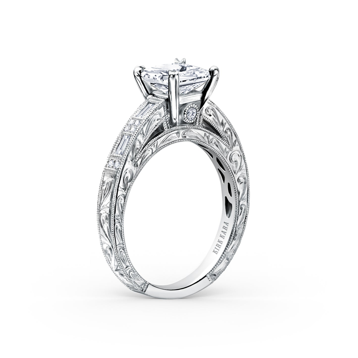 Deco Engraved Baguette Diamond Engagement Ring