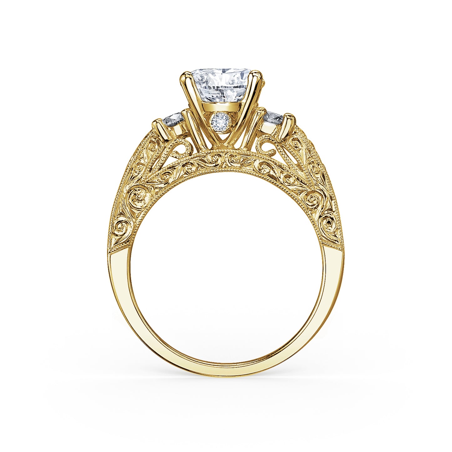 Engraved Deco Diamond Three Stone Engagement Ring