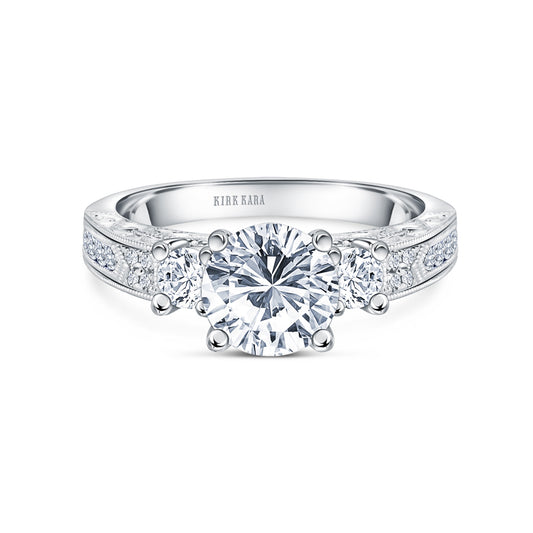 Engraved Deco Diamond Three Stone Engagement Ring