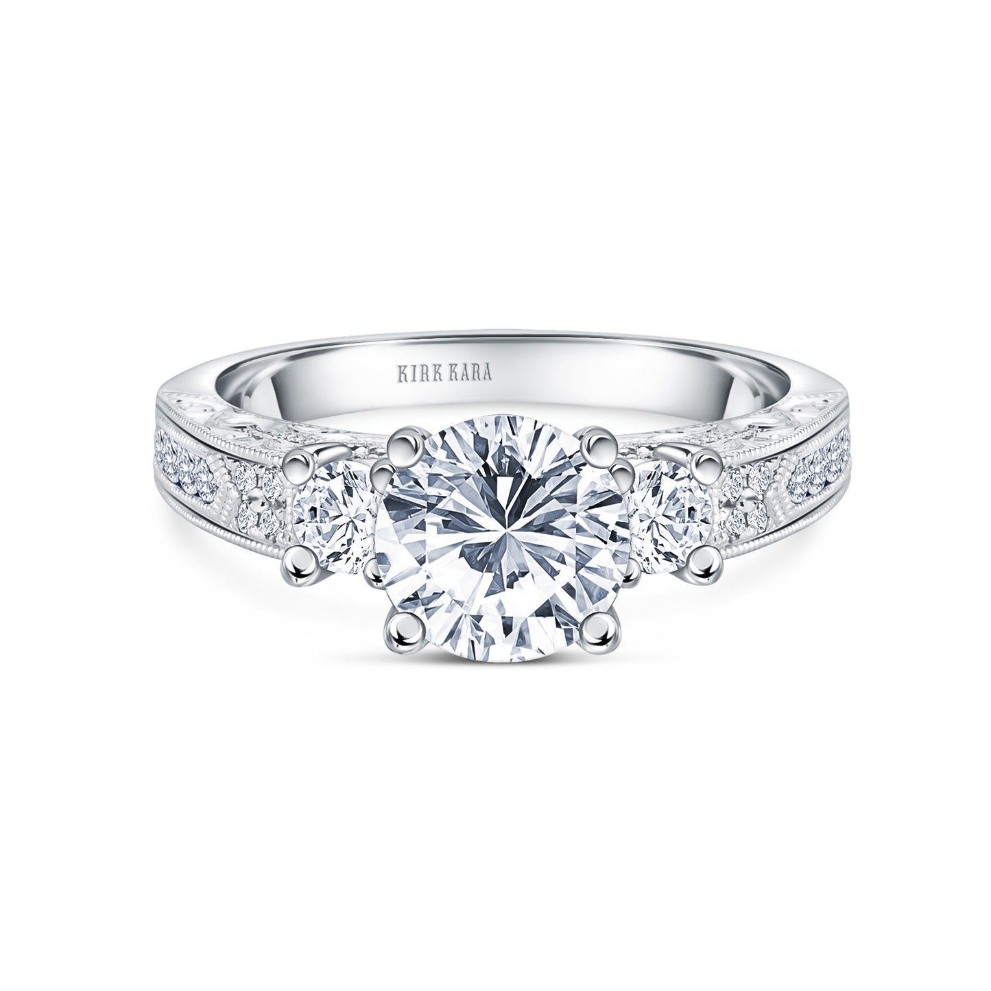 Engraved Deco Diamond Three Stone Engagement Ring
