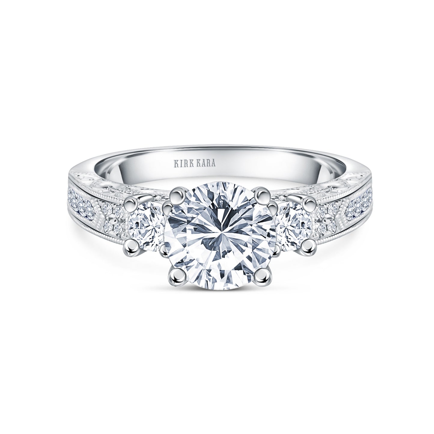 Engraved Deco Diamond Three Stone Engagement Ring