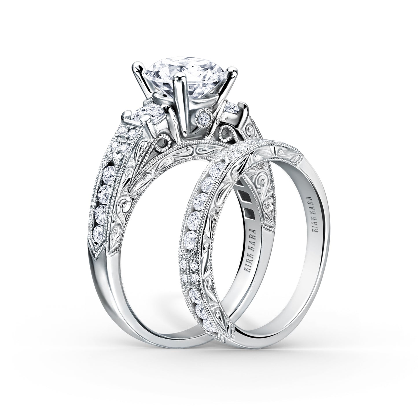 Engraved Deco Diamond Three Stone Engagement Ring