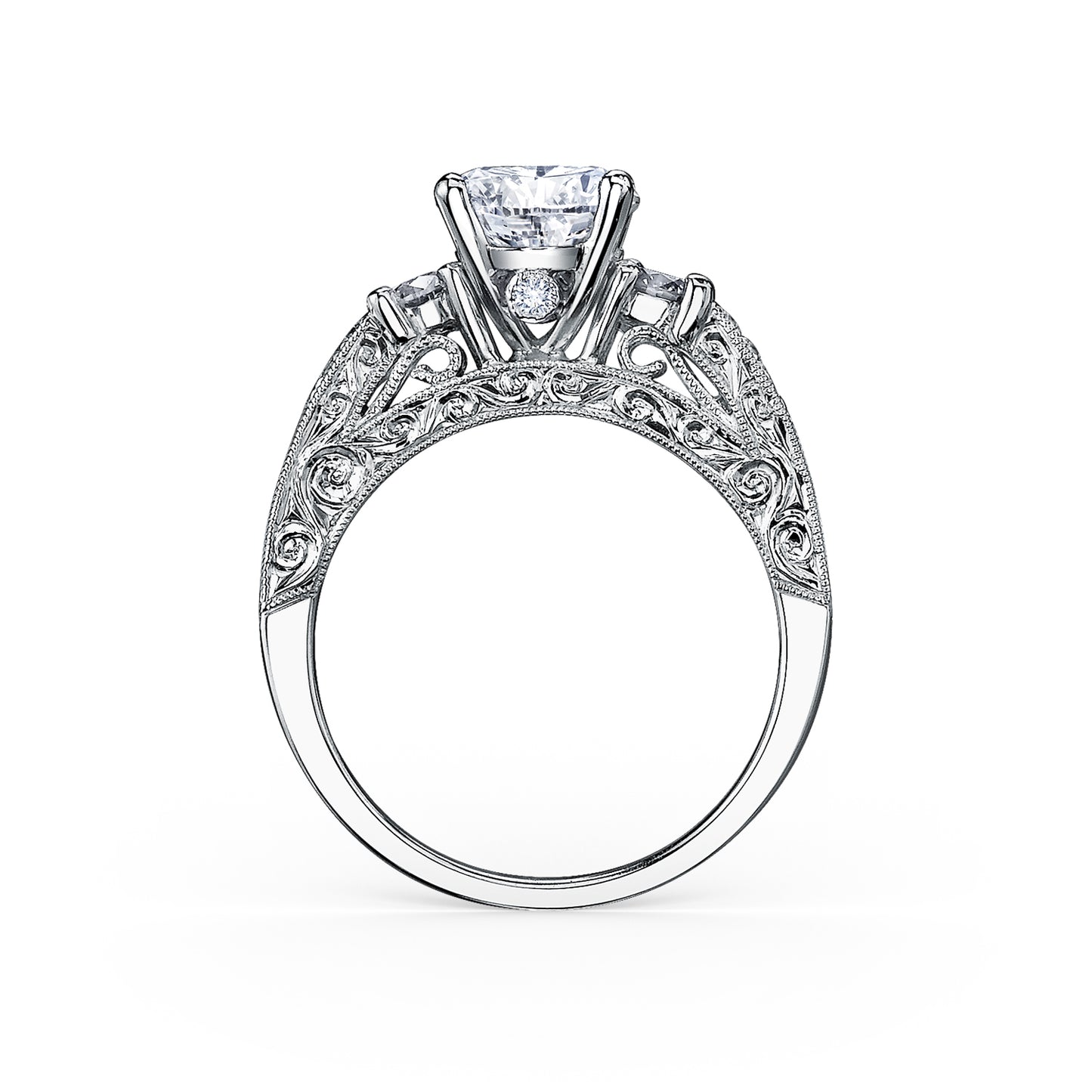 Engraved Deco Diamond Three Stone Engagement Ring