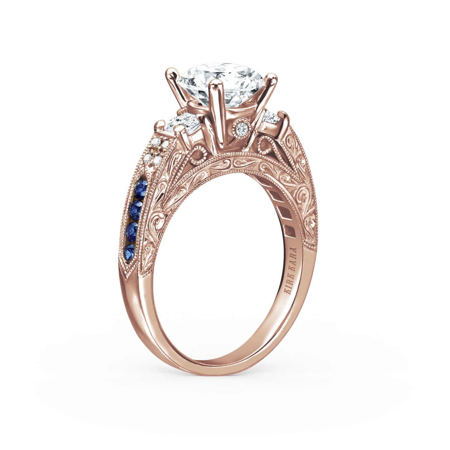 Engraved Deco Blue Sapphire Diamond Three Stone Engagement Ring