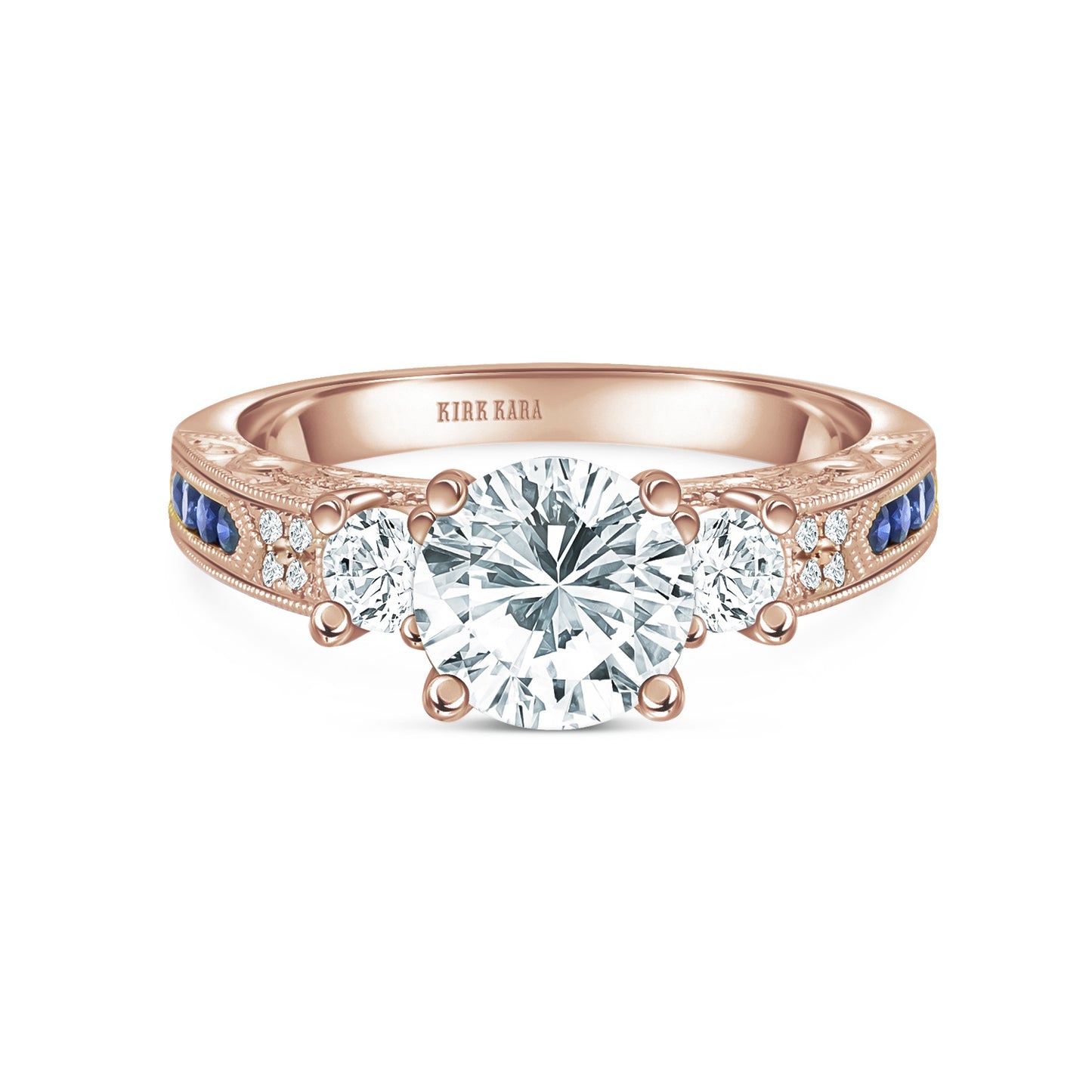 Engraved Deco Sapphire Diamond Three Stone Engagement Ring