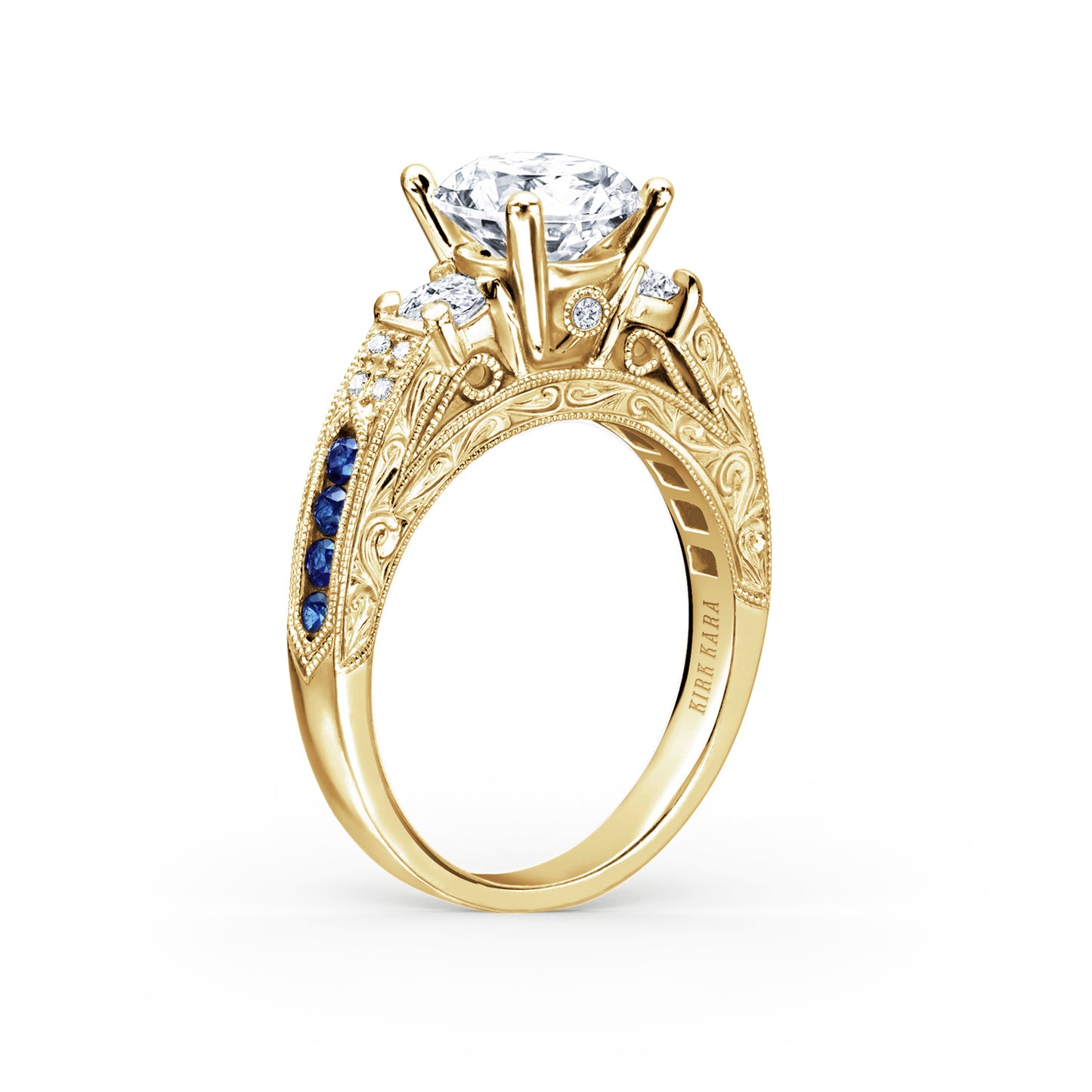 Engraved Deco Blue Sapphire Diamond Three Stone Engagement Ring