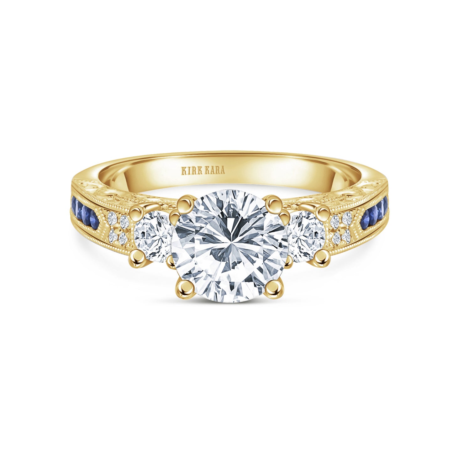 Engraved Deco Sapphire Diamond Three Stone Engagement Ring