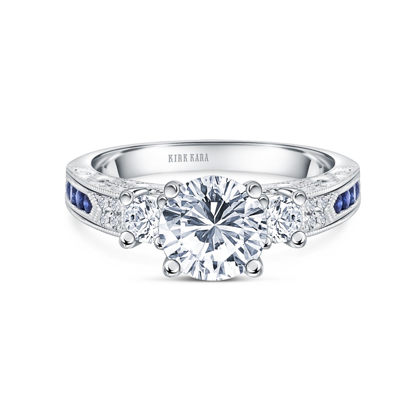 Engraved Deco Sapphire Diamond Three Stone Engagement Ring