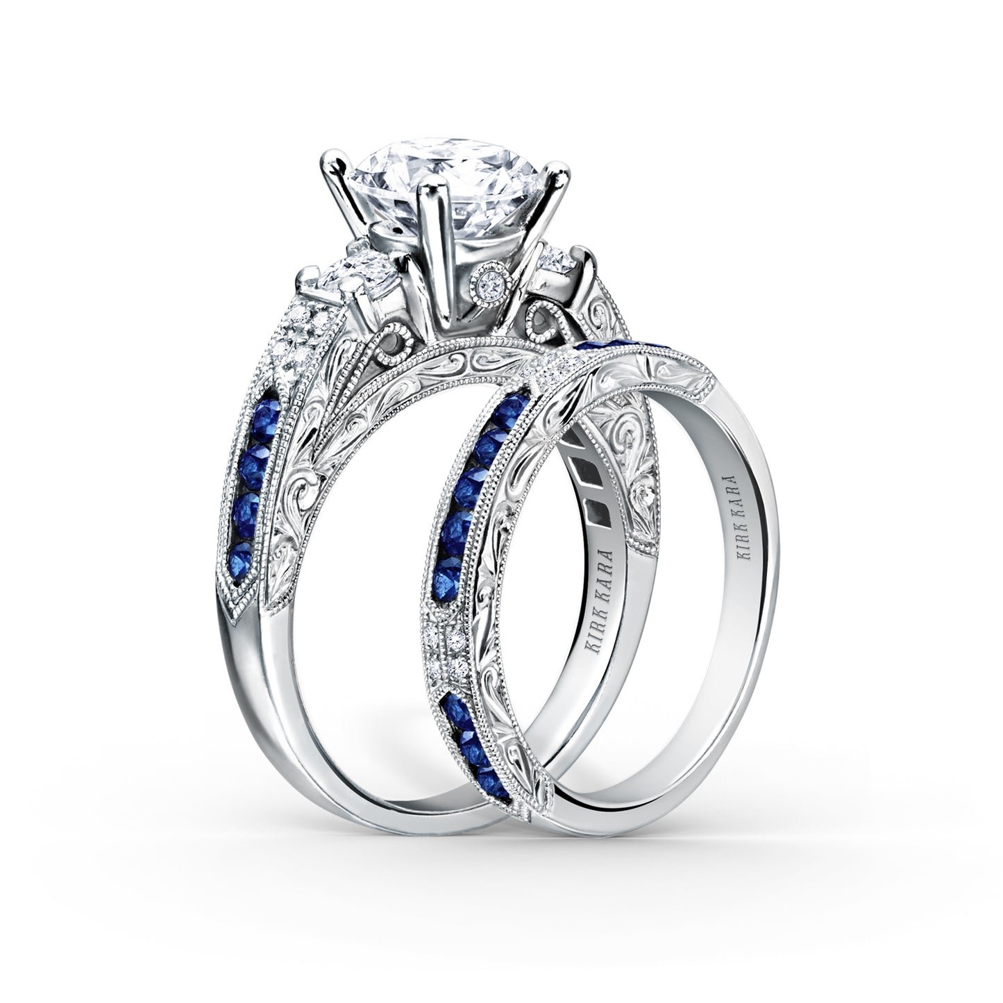 Engraved Deco Sapphire Diamond Three Stone Engagement Ring