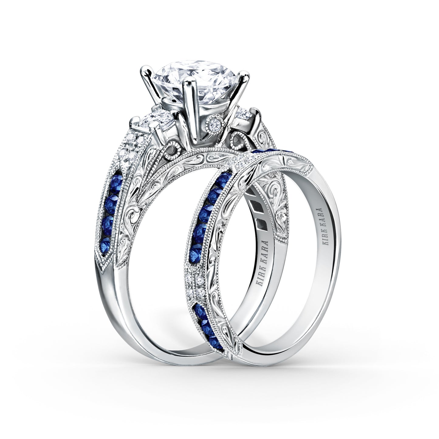 Engraved Deco Blue Sapphire Diamond Three Stone Engagement Ring