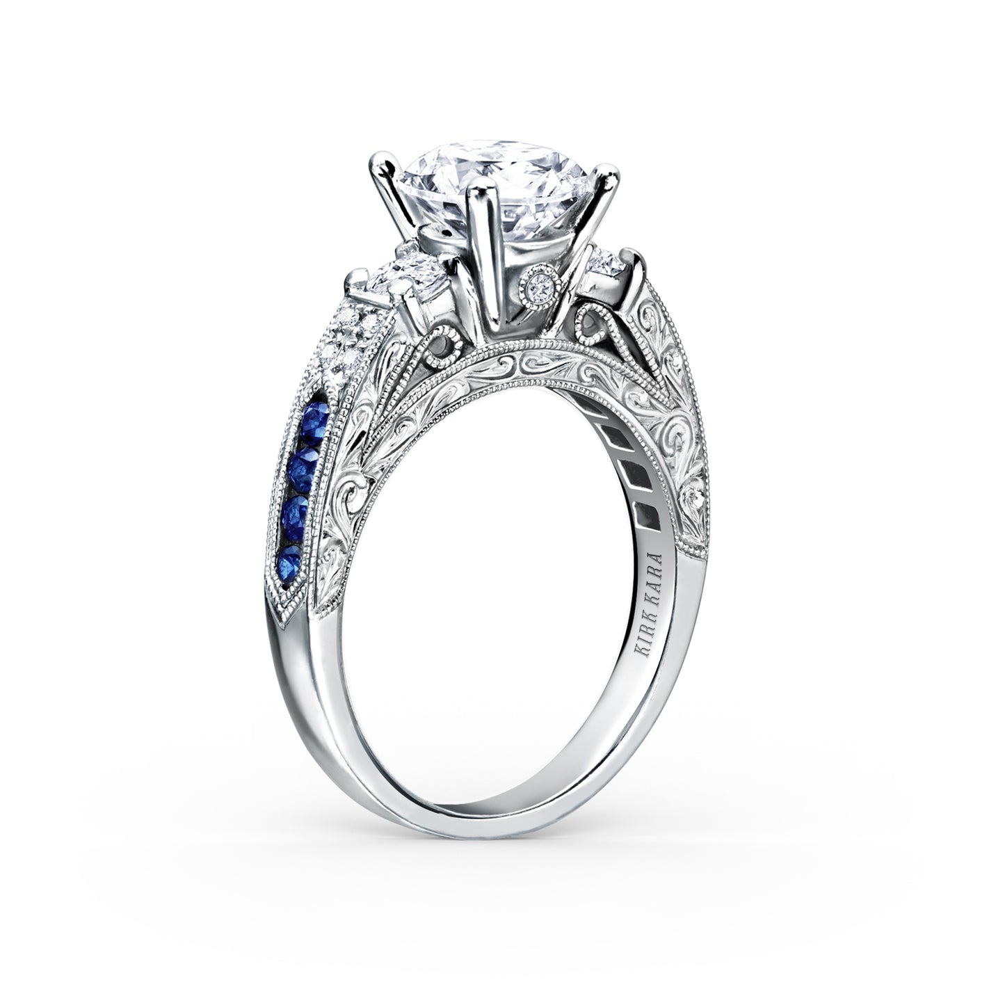 Engraved Deco Sapphire Diamond Three Stone Engagement Ring