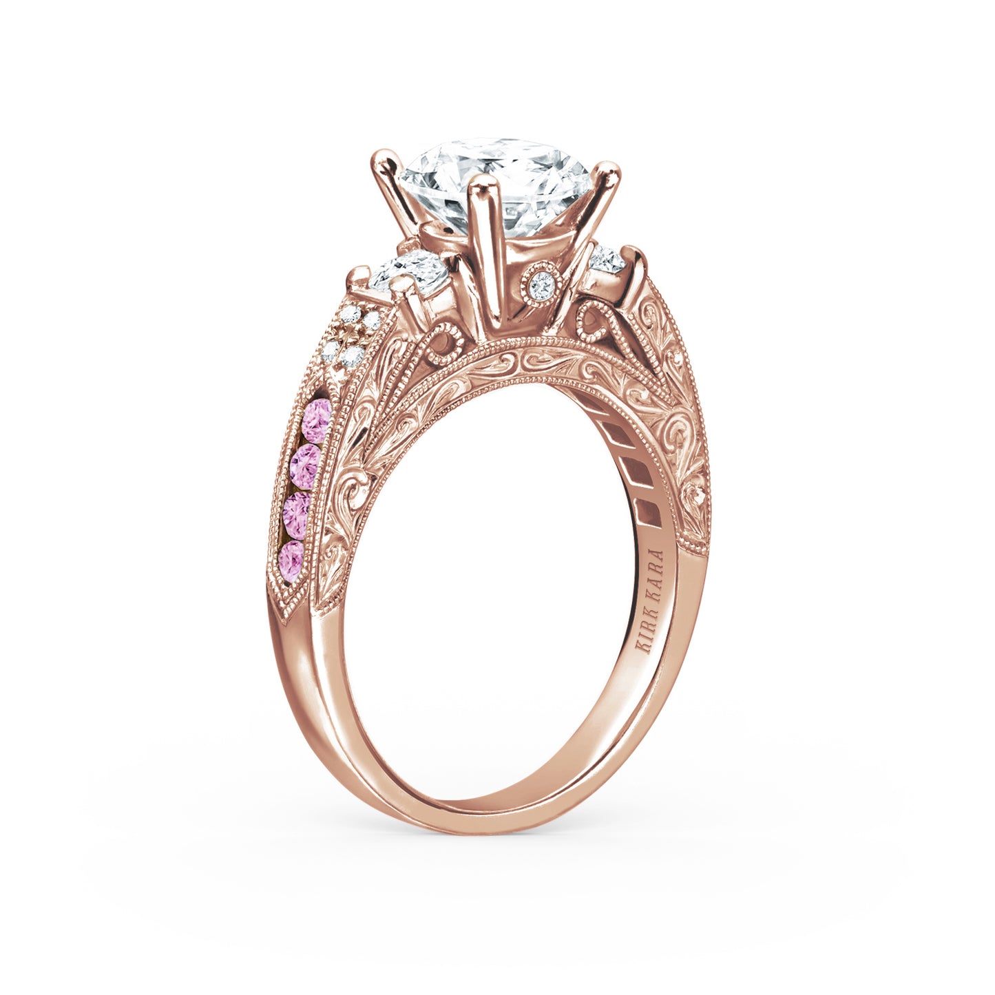 Engraved Deco Sapphire Diamond Three Stone Engagement Ring