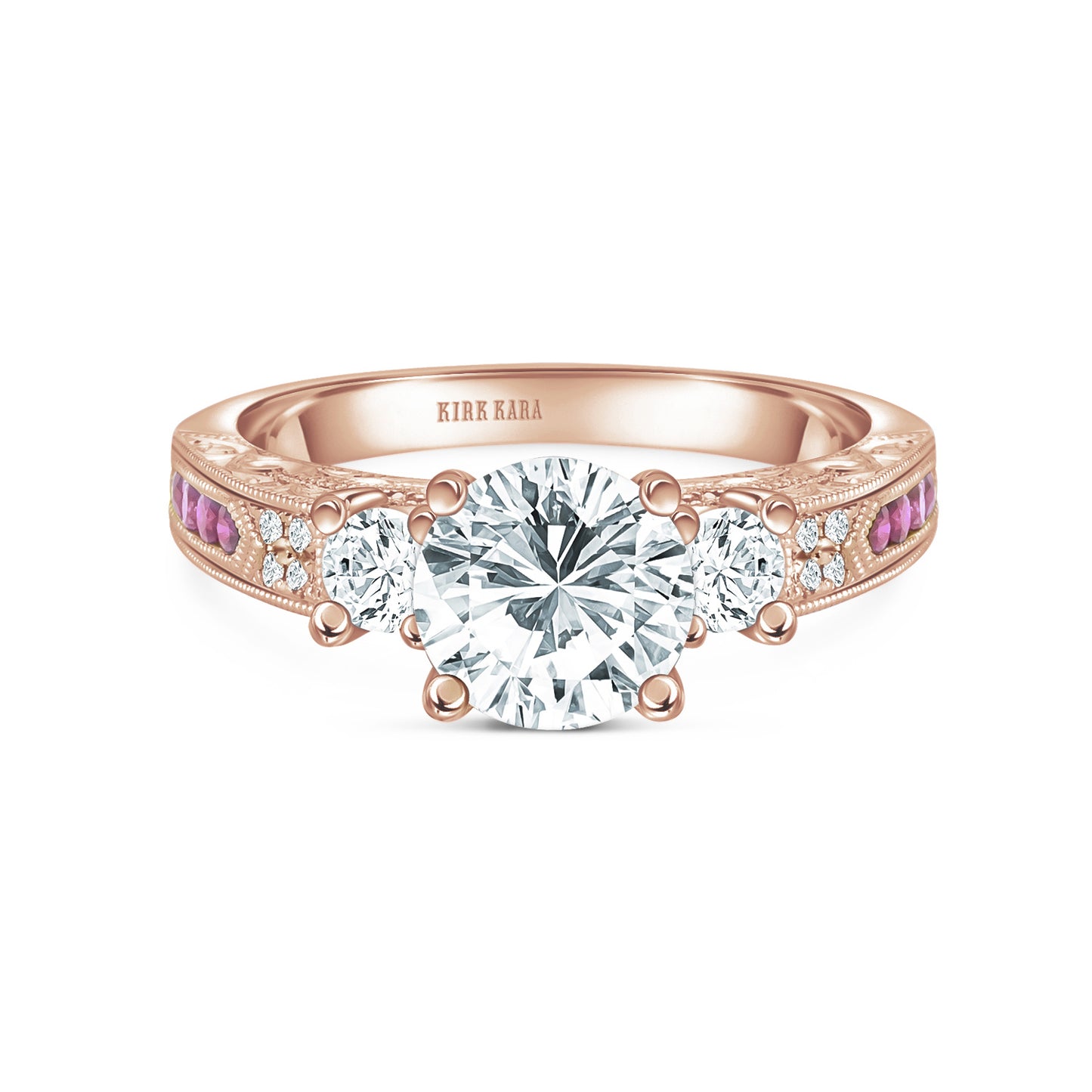 Engraved Deco Pink Sapphire Diamond Three Stone Engagement Ring