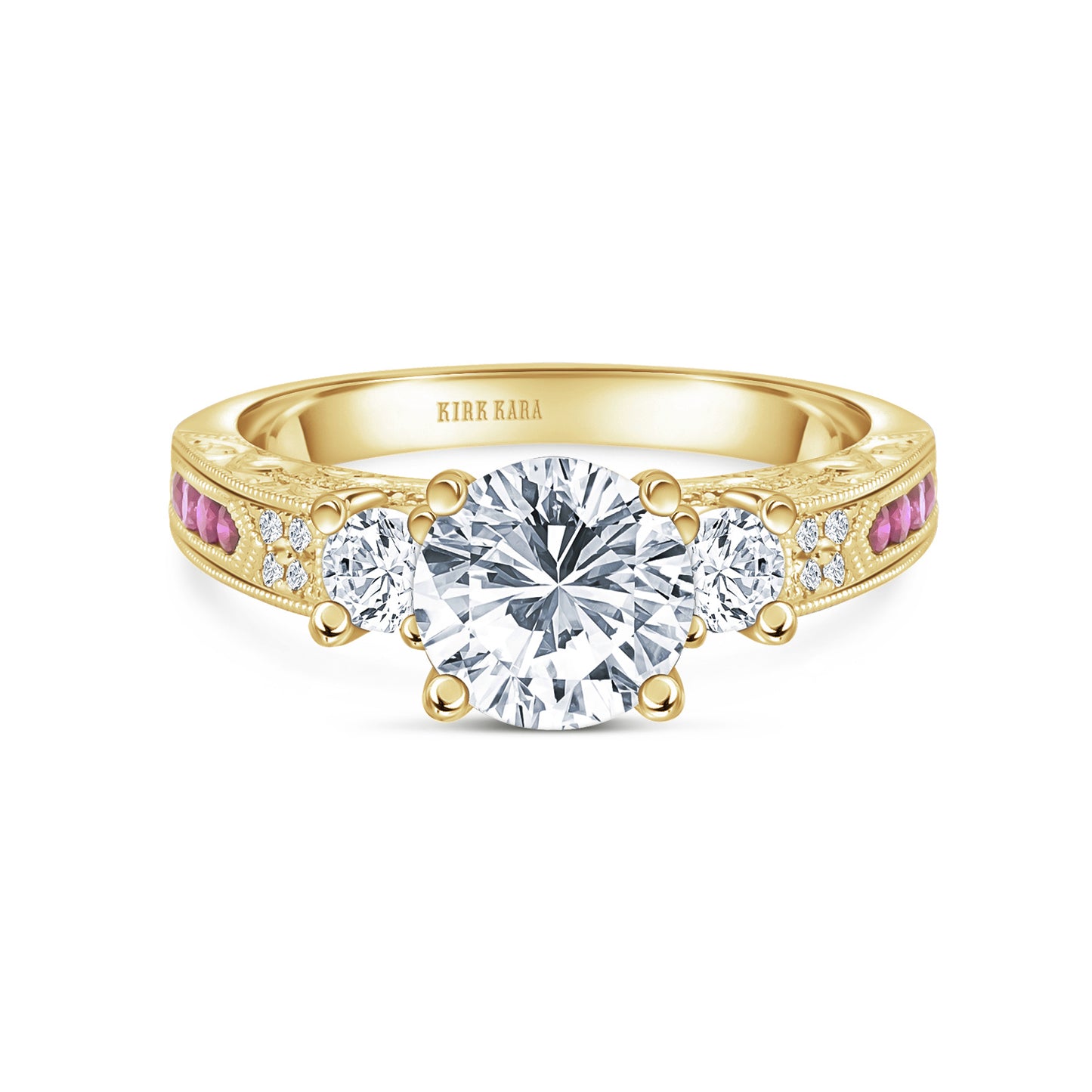 Engraved Deco Pink Sapphire Diamond Three Stone Engagement Ring