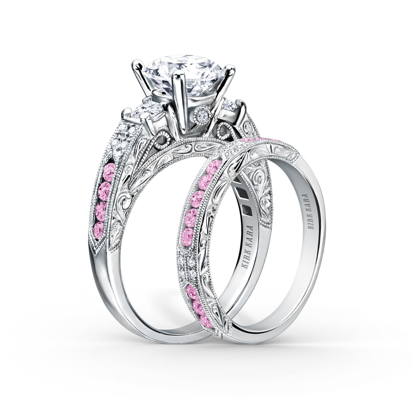 Engraved Deco Pink Sapphire Diamond Three Stone Engagement Ring