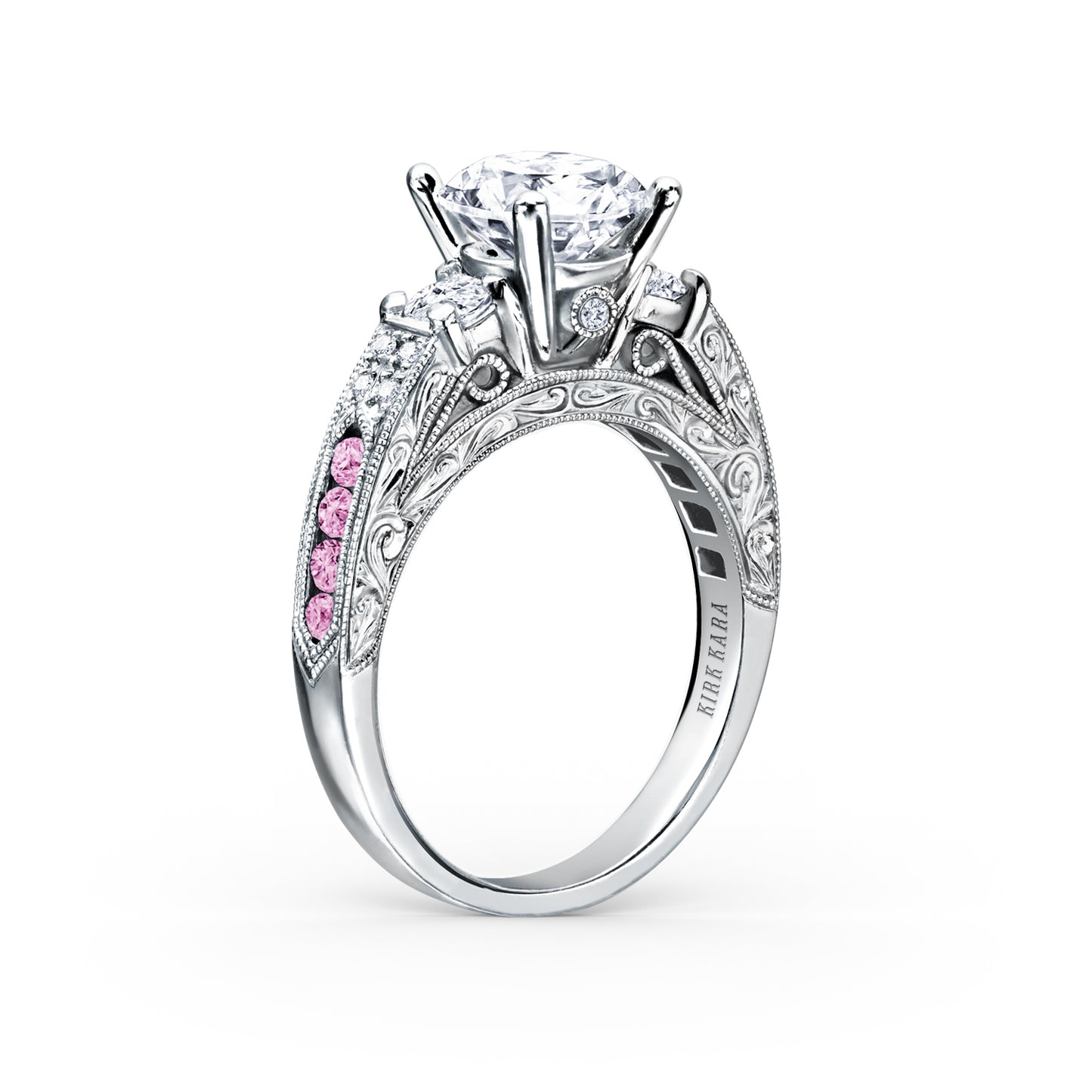 Engraved Deco Pink Sapphire Diamond Three Stone Engagement Ring