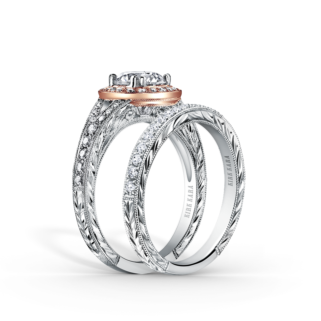 Elegant Halo Diamond Engraved Engagement Ring