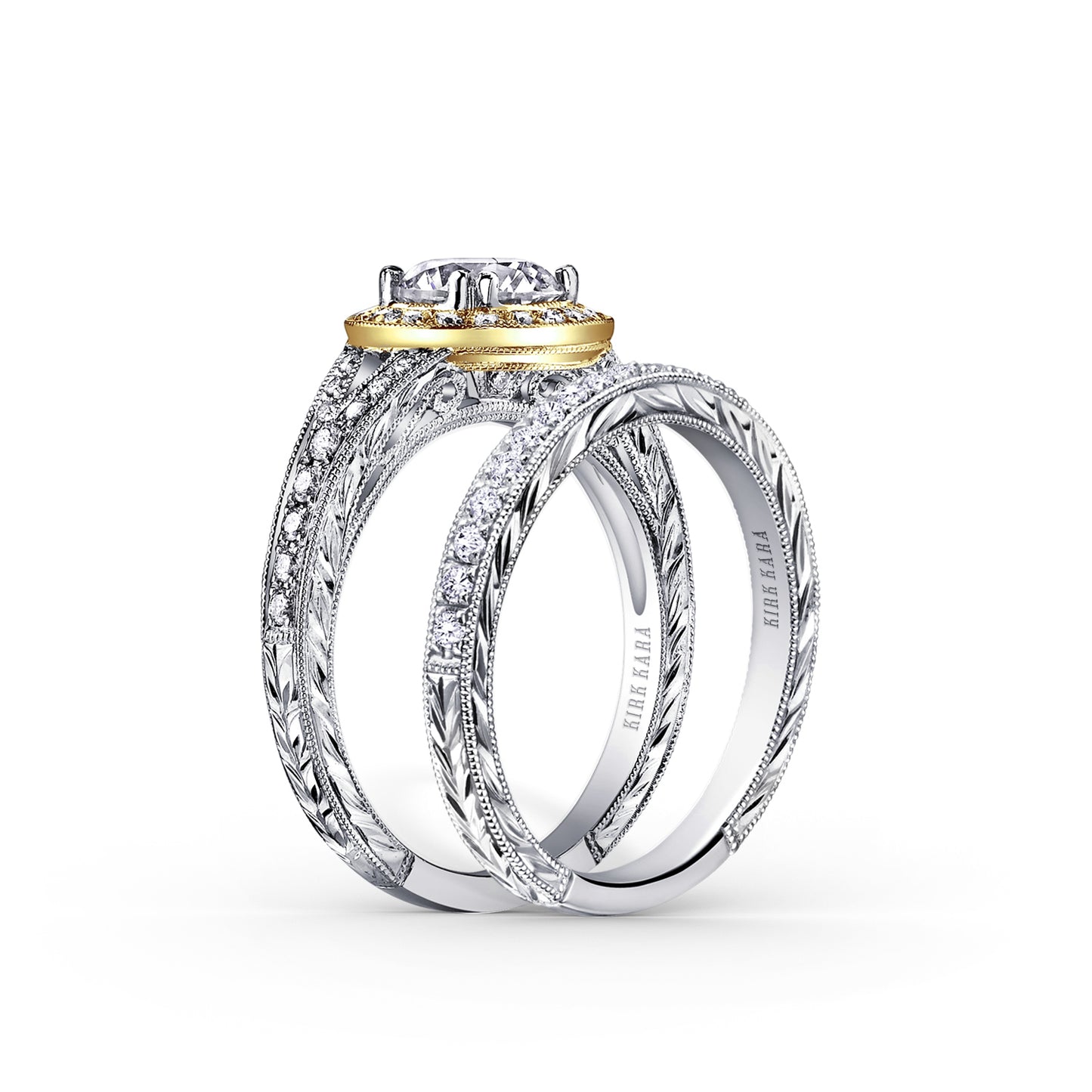 Elegant Halo Diamond Engraved Engagement Ring