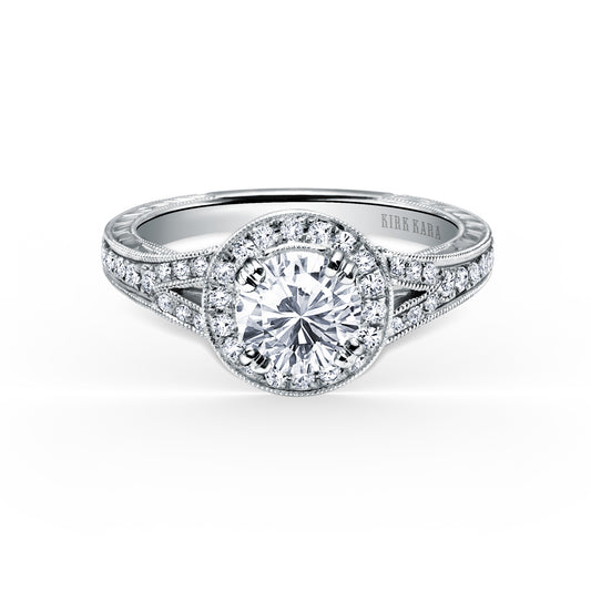 Elegant Halo Diamond Engraved Engagement Ring
