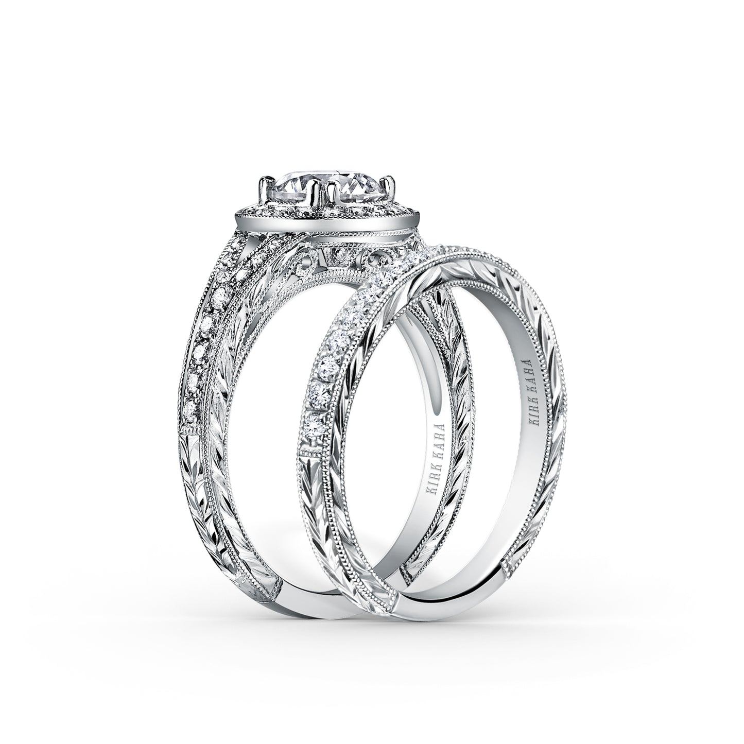 Elegant Halo Diamond Engraved Engagement Ring