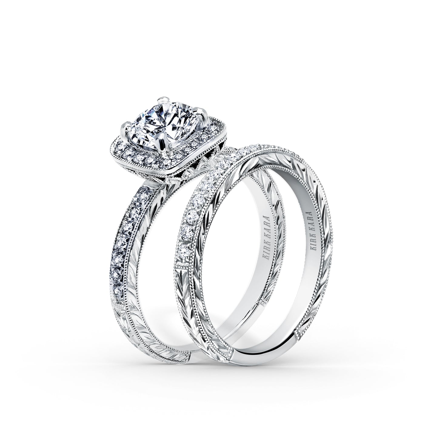 Classic Halo Diamond Engraved Engagement Ring