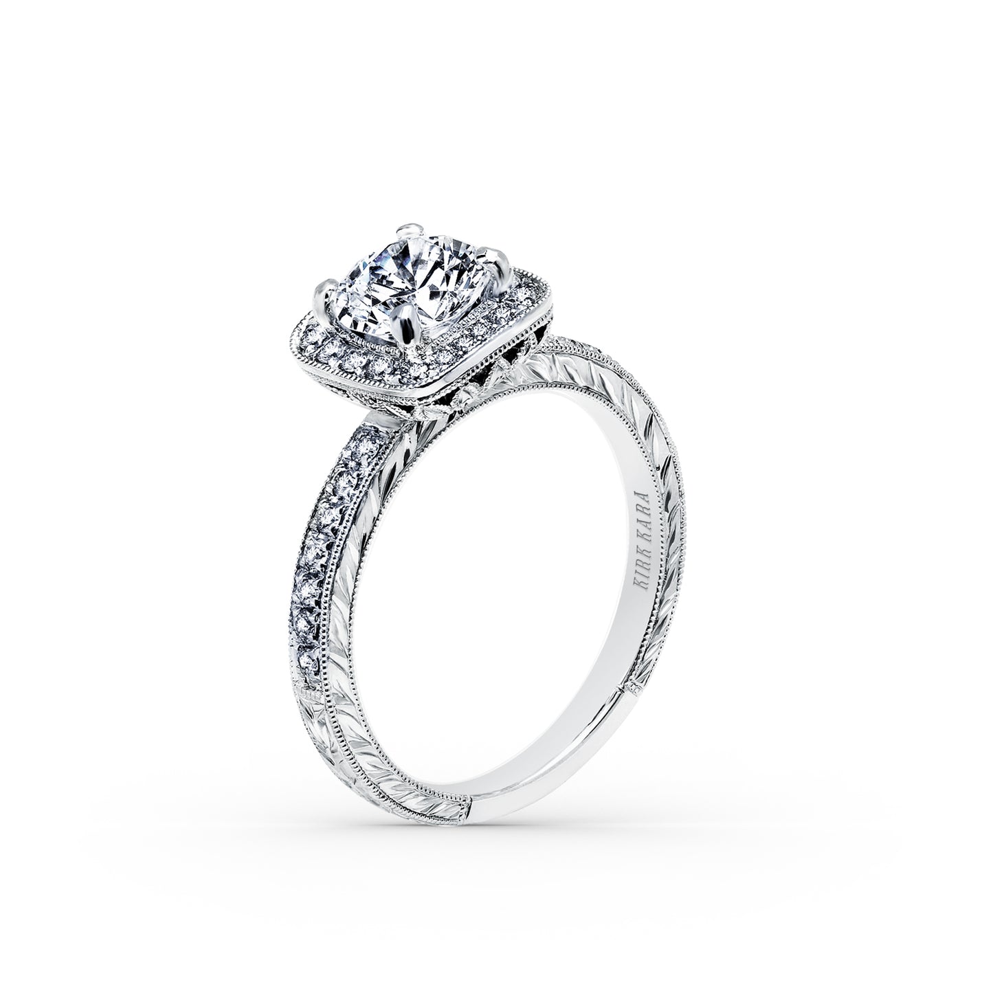 Classic Halo Diamond Engraved Engagement Ring