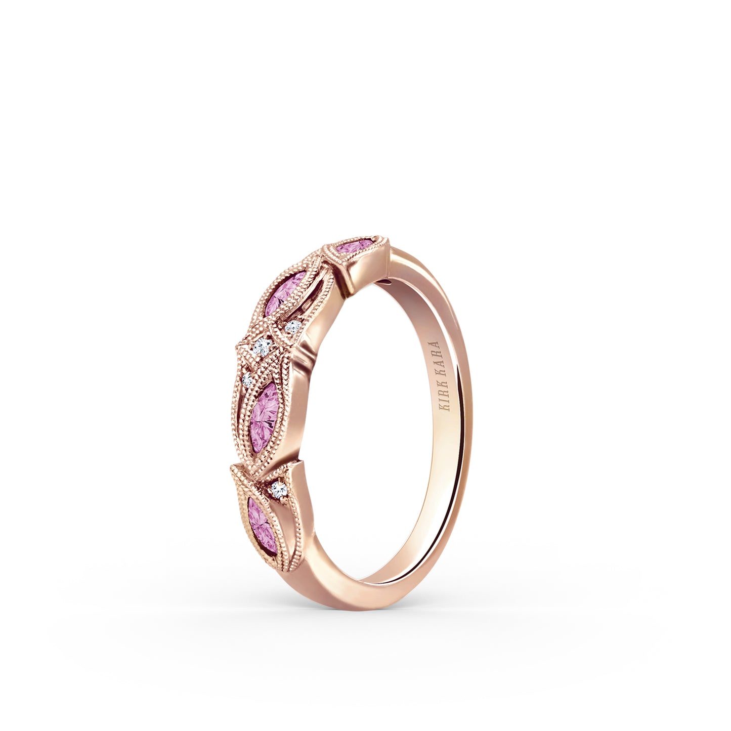 Botanical Floral Pink Sapphire Marquise Diamond Wedding Band