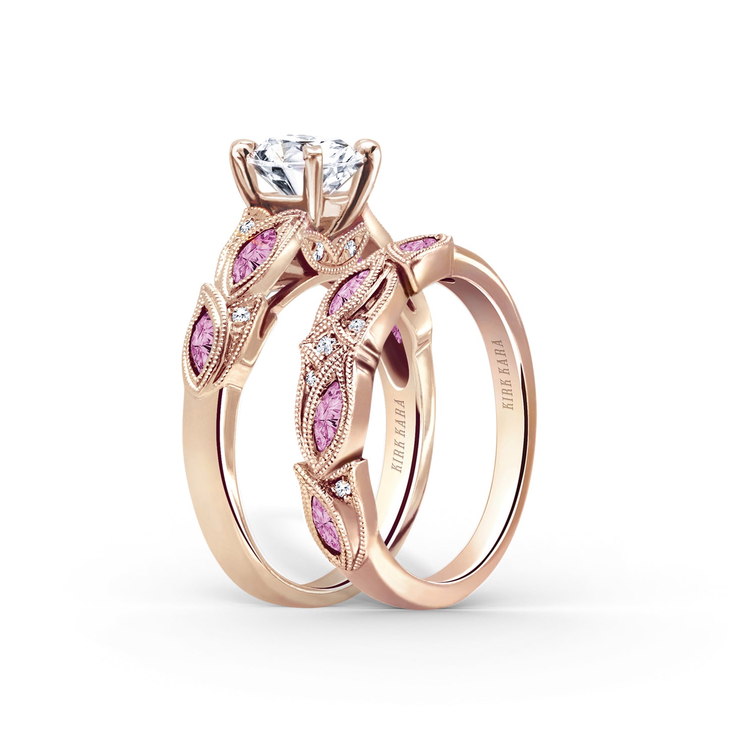 Botanical Floral Pink Sapphire Marquise Diamond Engagement Ring