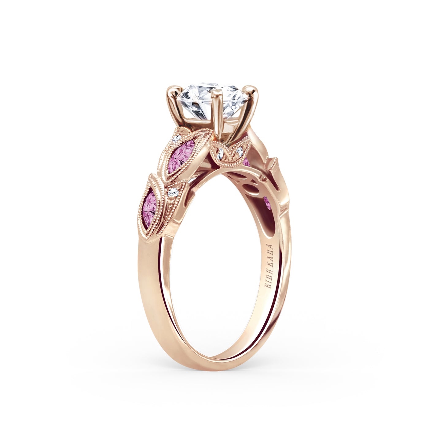 Botanical Floral Pink Sapphire Marquise Diamond Engagement Ring