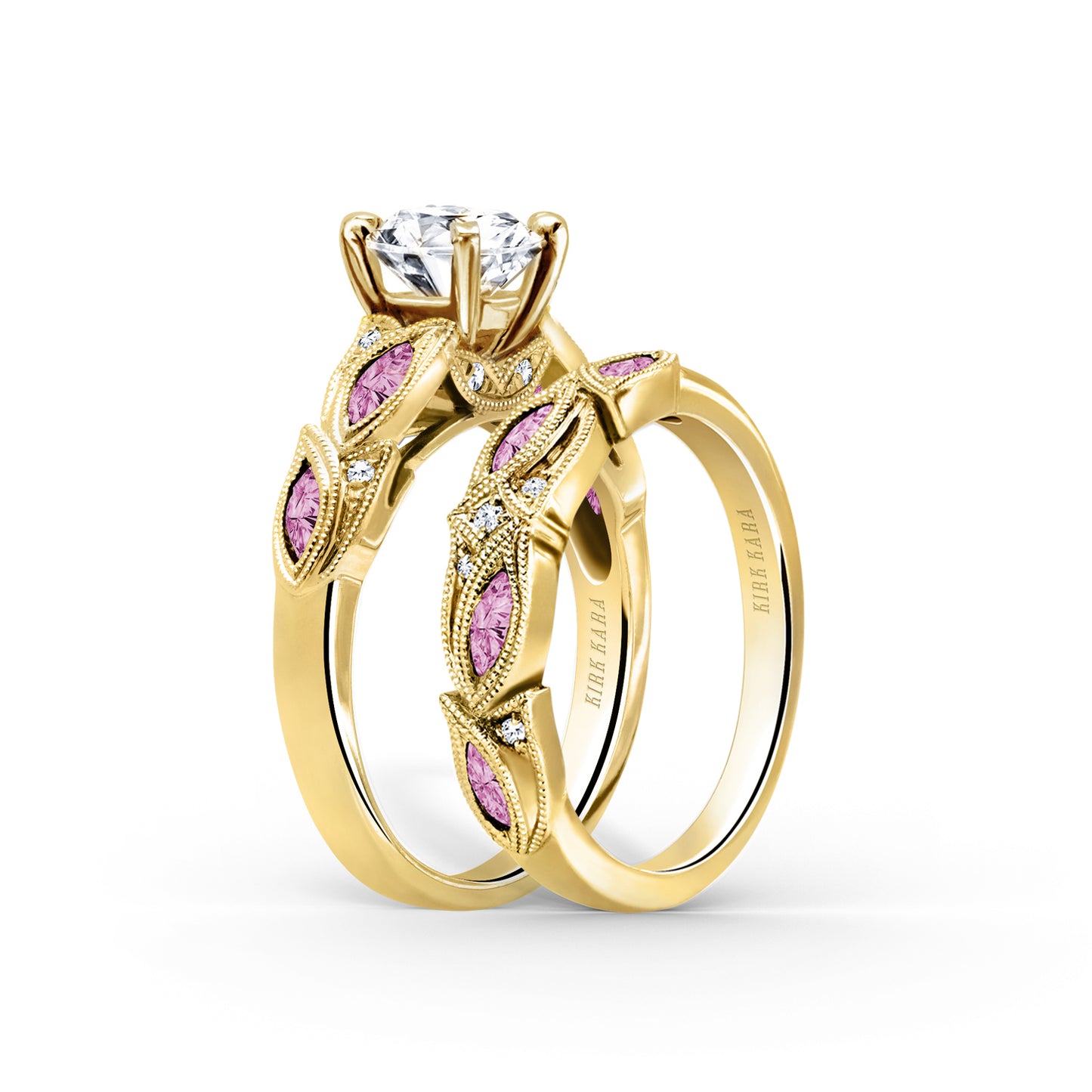 Botanical Floral Pink Sapphire Marquise Diamond Wedding Band