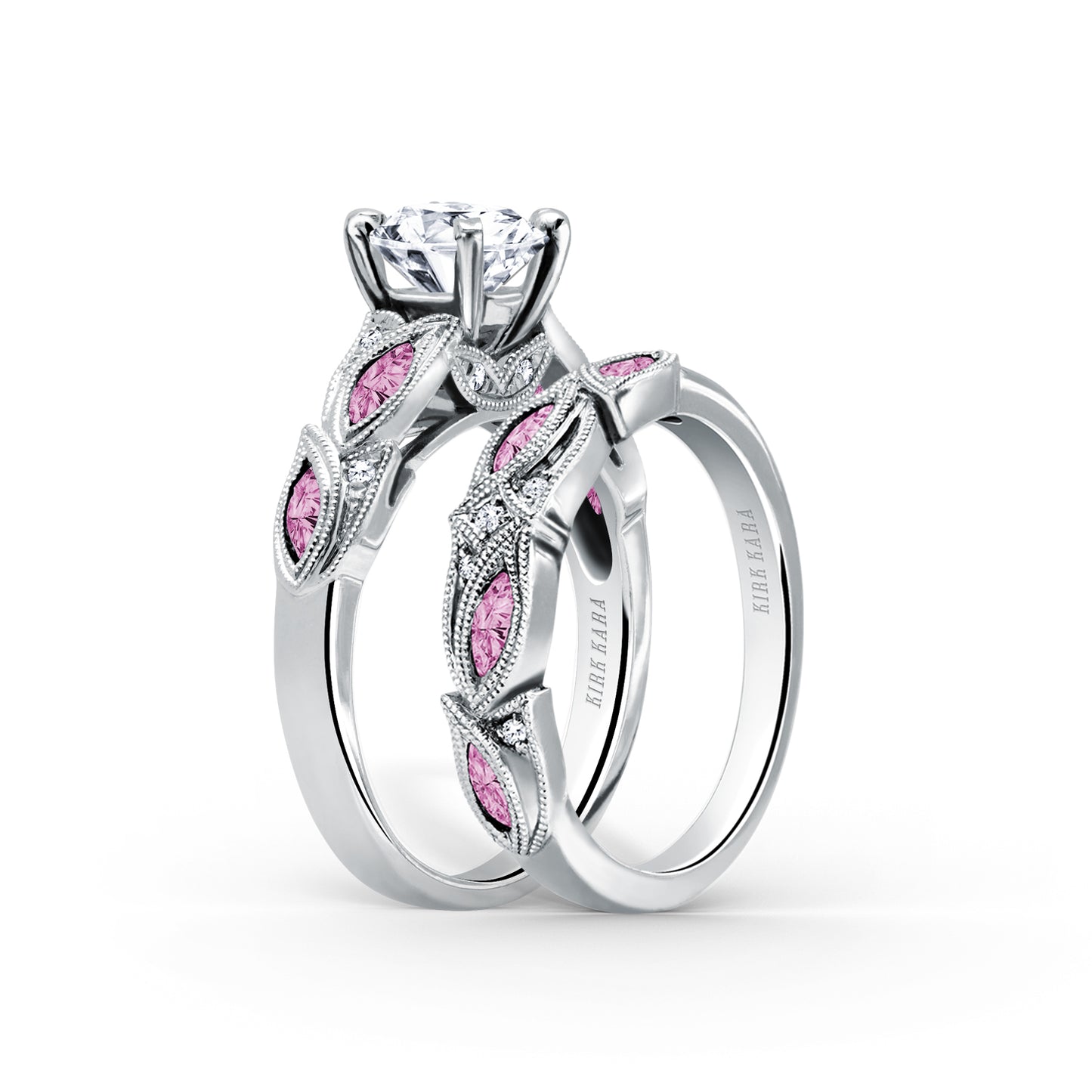 Botanical Floral Pink Sapphire Marquise Diamond Wedding Band