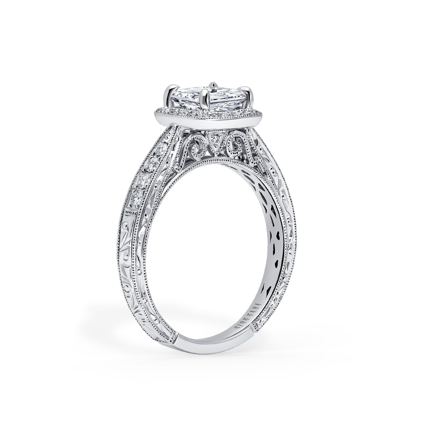 Classic Engraved Halo Diamond Engagement Ring