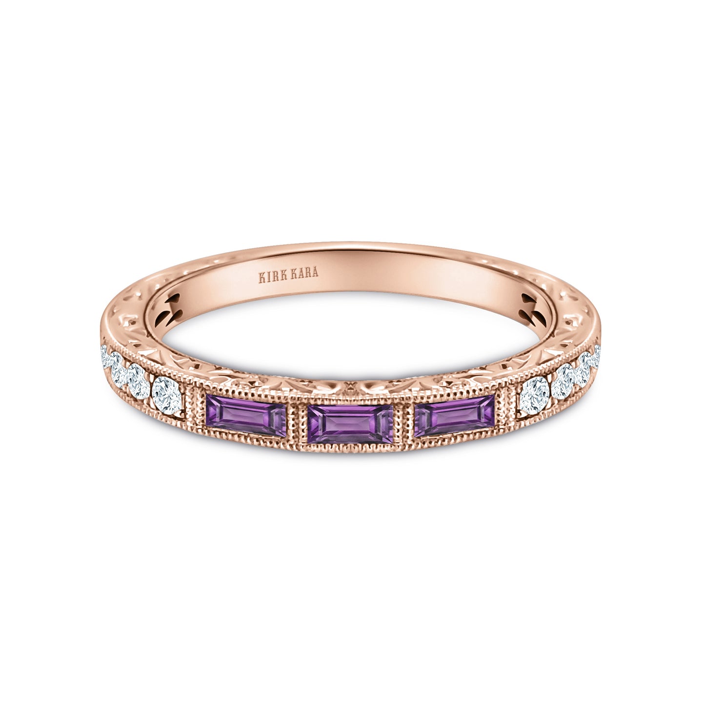 Baguette Engraved Amethyst Diamond Wedding Band