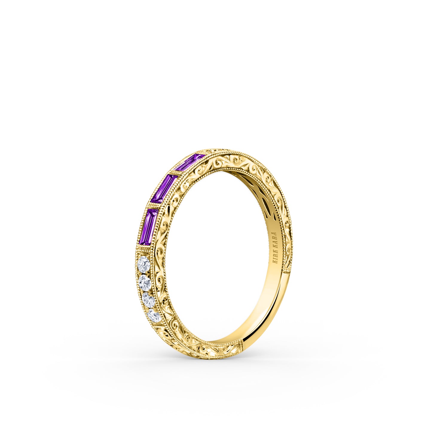 Baguette Engraved Amethyst Diamond Wedding Band