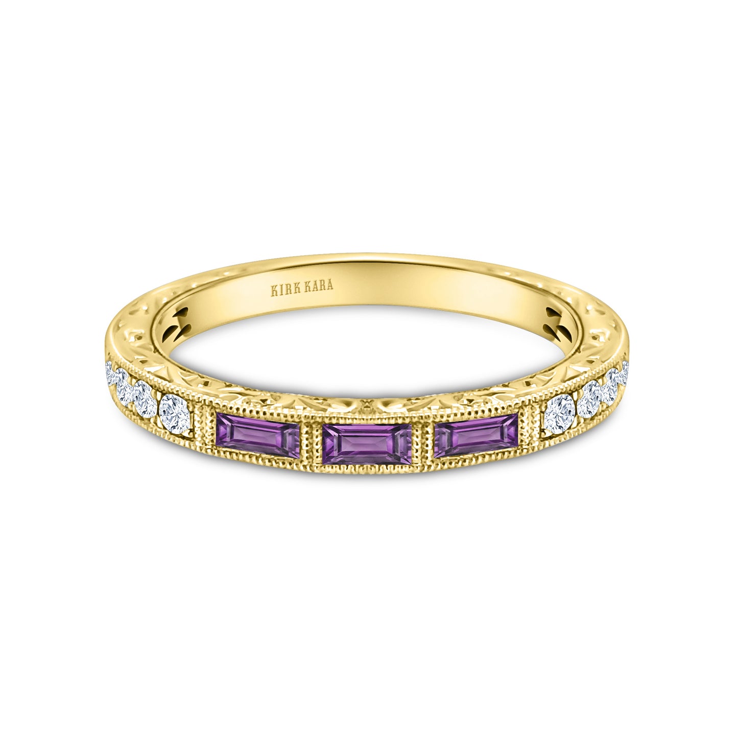 Baguette Engraved Amethyst Diamond Wedding Band