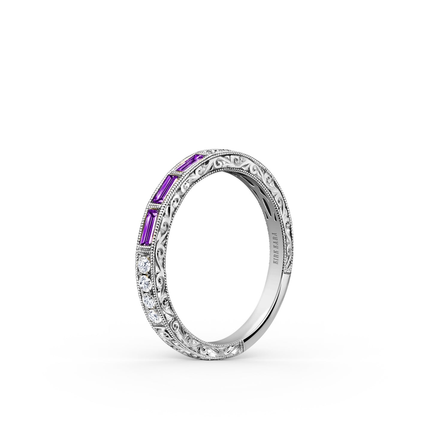 Baguette Engraved Amethyst Diamond Wedding Band