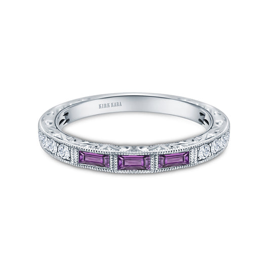 Baguette Engraved Amethyst Diamond Wedding Band